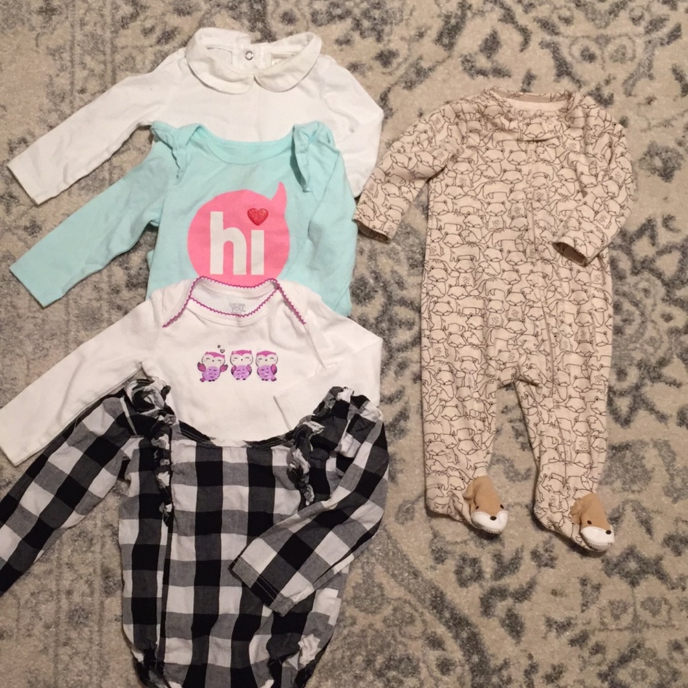 4 long sleeves baby girl onesies and 1 footie